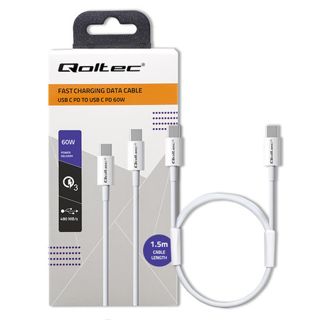 Qoltec Kabel USB 2.0 typ C |  USB 2.0 typ C 60W | QC 3.0 |  PD | 1.5m | Biały (1)
